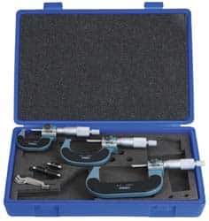 Fowler - 0 to 3" Range, 3 Piece Mechanical Outside Micrometer Set - 0.0001" Graduation, 0.00005 (0 to 1), 0.0001 (1 to 3)" Accuracy, Ratchet Stop Thimble, Carbide Tipped Face - Exact Tool & Supply
