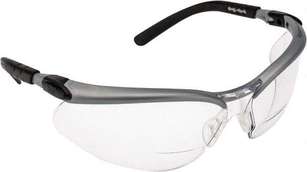 3M - +2, Clear Lenses, Scratch Resistant, Framed Magnifying Safety Glasses - UV Protection, Adjustable Temples, Silver/Black Plastic Frame, ANSI Z87.1-2010 - Exact Tool & Supply