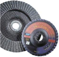 Norton - 80 Grit, 7" Disc Diam, 5/8-11 Center Hole, Type 29 Ceramic Flap Disc - 8,600 Max RPM, Fiberglass Backing, Arbor Attaching System, Coated - Exact Tool & Supply