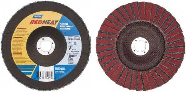 Norton - 36 Grit, 7" Disc Diam, 7/8" Center Hole, Type 29 Ceramic Flap Disc - 8,600 Max RPM, Fiberglass Backing, Arbor Attaching System, Coated - Exact Tool & Supply