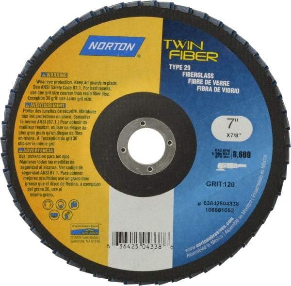 Norton - 120 Grit, 7" Disc Diam, 7/8" Center Hole, Type 29 Ceramic Flap Disc - 8,600 Max RPM, Fiberglass Backing, Arbor Attaching System, Coated - Exact Tool & Supply