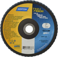 Norton - 120 Grit, 7" Disc Diam, 7/8" Center Hole, Type 29 Ceramic Flap Disc - 8,600 Max RPM, Fiberglass Backing, Arbor Attaching System, Coated - Exact Tool & Supply