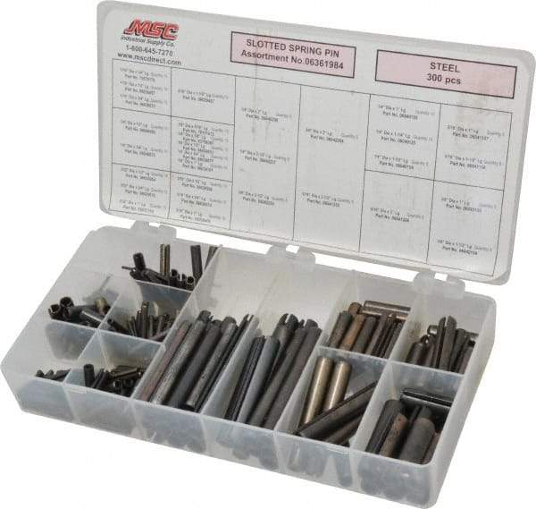 Made in USA - 300 Piece, 1/16 to 3/8" Pin Diam, Spring Pin Assortment - Steel - Exact Tool & Supply