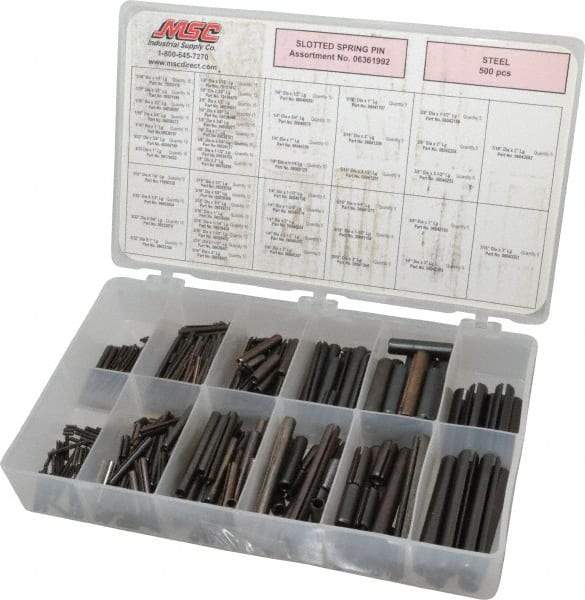 Made in USA - 500 Piece, 1/16 to 7/16" Pin Diam, Spring Pin Assortment - Steel - Exact Tool & Supply