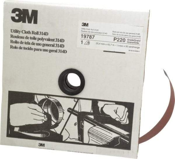 3M - 1" x 50 Yd 220 Grit Aluminum Oxide Cloth Roll - Very Fine Grade, J Weighted Backing - Exact Tool & Supply