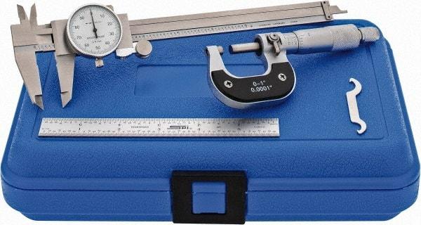 Value Collection - 3 Piece, Machinist Caliper and Micrometer Tool Kit - 0 to 1 Inch Micrometer, 0.0001 Inch Graduation - Exact Tool & Supply