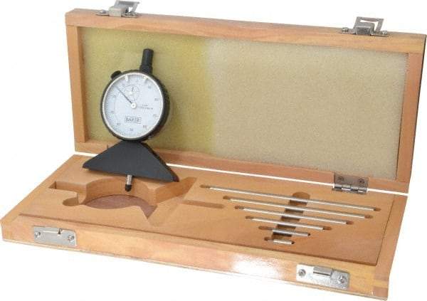 Value Collection - 0 to 10 Inch Range, Steel, White Dial Depth Gage - 0.001 Inch Graduation, 0.001 Inch Accuracy, 1/2 Inch Travel, 3-1/8 Inch Base Measuring Length - Exact Tool & Supply