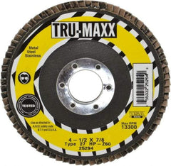 Tru-Maxx - 60 Grit, 4-1/2" Disc Diam, 7/8" Center Hole, Type 27 Zirconia Alumina Flap Disc - 13,300 Max RPM, Arbor Attaching System, Coated - Exact Tool & Supply