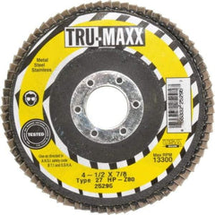 Tru-Maxx - 80 Grit, 4-1/2" Disc Diam, 7/8" Center Hole, Type 27 Zirconia Alumina Flap Disc - 13,300 Max RPM, Arbor Attaching System, Coated - Exact Tool & Supply