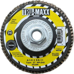 Tru-Maxx - 40 Grit, 4-1/2" Disc Diam, 5/8-11 Center Hole, Type 27 Zirconia Alumina Flap Disc - 13,300 Max RPM, Arbor Attaching System, Coated - Exact Tool & Supply