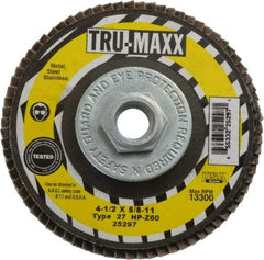 Tru-Maxx - 60 Grit, 4-1/2" Disc Diam, 5/8-11 Center Hole, Type 27 Zirconia Alumina Flap Disc - 13,300 Max RPM, Arbor Attaching System, Coated - Exact Tool & Supply
