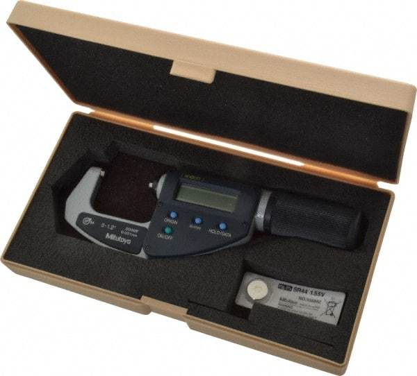 Mitutoyo - 0 to 1.2 Inch Range, 0.0001 Inch Resolution, Standard Throat, IP54 Electronic Outside Micrometer - 0.0001 Inch Accuracy, Ratchet Friction Thimble, Carbide Face, SR44 Battery, Data Output, Plastic Case - Exact Tool & Supply