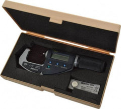 Mitutoyo - 0 to 1.2 Inch Range, 0.0001 Inch Resolution, Standard Throat, IP54 Electronic Outside Micrometer - 0.0001 Inch Accuracy, Ratchet Friction Thimble, Carbide Face, SR44 Battery, Data Output, Plastic Case - Exact Tool & Supply