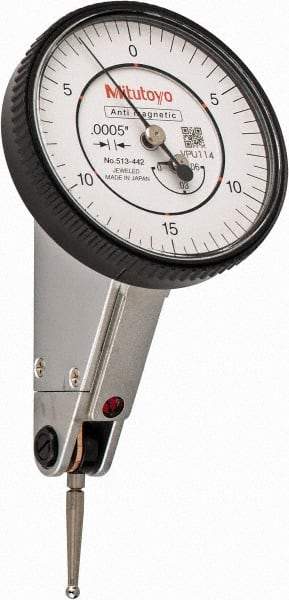 Mitutoyo - 0.06 Inch Range, 0.0005 Inch Dial Graduation, Horizontal Dial Test Indicator - 1.5748 Inch White Dial, 0-15-0 Dial Reading, Accurate to 0.0005 Inch - Exact Tool & Supply