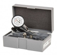 Mitutoyo - 9 Piece, 0" to 0.06" Measuring Range, 40mm Dial Diam, 0-15-0 Dial Reading, White Dial Test Indicator Kit - 0.0005" Accuracy, 1.33" Contact Point Length, 0.039, 0.079 & 0.118" Ball Diam, 0.0005" Dial Graduation - Exact Tool & Supply