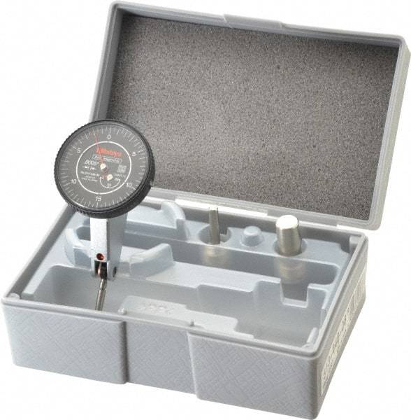 Mitutoyo - 0.06 Inch Range, 0.0005 Inch Dial Graduation, Horizontal Dial Test Indicator - 1.5748 Inch Black Dial, 0-15-0 Dial Reading, Accurate to 0.0005 Inch - Exact Tool & Supply