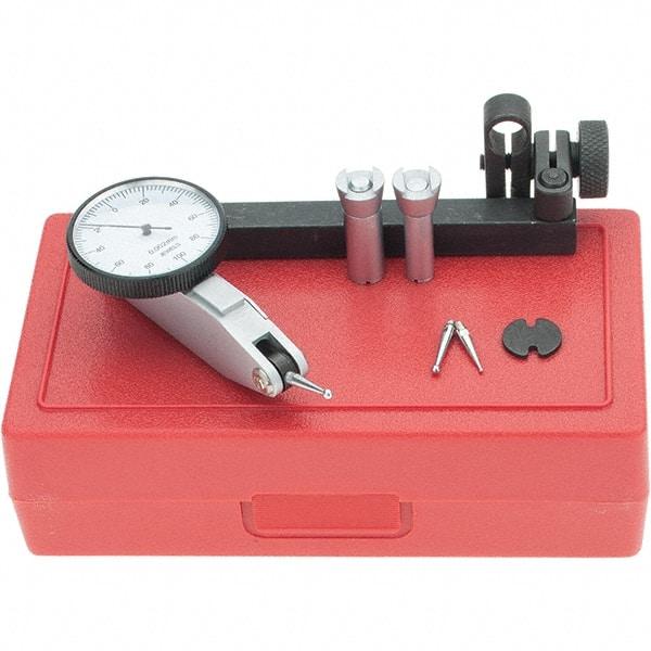 Starrett - 5 Piece, 0mm to 0.2mm Measuring Range, 1-3/8" Dial Diam, 0-100-0 Dial Reading, Yellow Dial Test Indicator Kit - 5/8" Contact Point Length, 2mm Ball Diam, 0.002mm Dial Graduation - Exact Tool & Supply