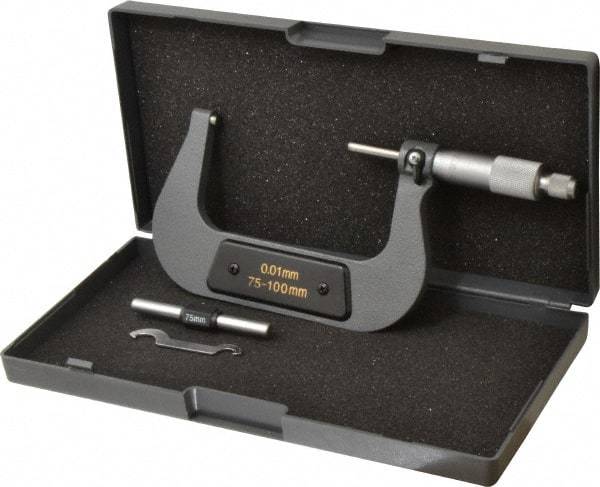 Value Collection - 75 to 100mm Range, 0.01mm Graduation, Mechanical Outside Micrometer - Ratchet Stop Thimble - Exact Tool & Supply