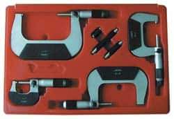 Value Collection - 0 to 75mm Range, 3 Piece Mechanical Outside Micrometer Set - 0.01mm Graduation, 0.000160, 0.000200 Accuracy, Ratchet Stop Thimble, Carbide Tipped, Forged Steel (Frame) Face - Exact Tool & Supply