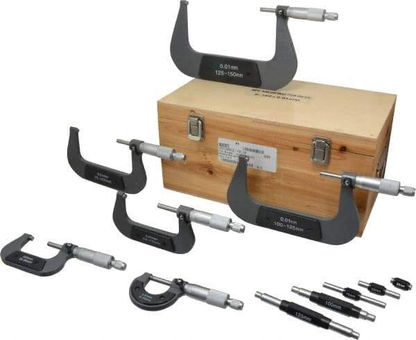 Value Collection - 0 to 150mm Range, 6 Piece Mechanical Outside Micrometer Set - 0.01mm Graduation, 0.000160, 0.000200, 0.000240 Accuracy, Ratchet Stop Thimble, Carbide Tipped, Forged Steel (Frame) Face - Exact Tool & Supply