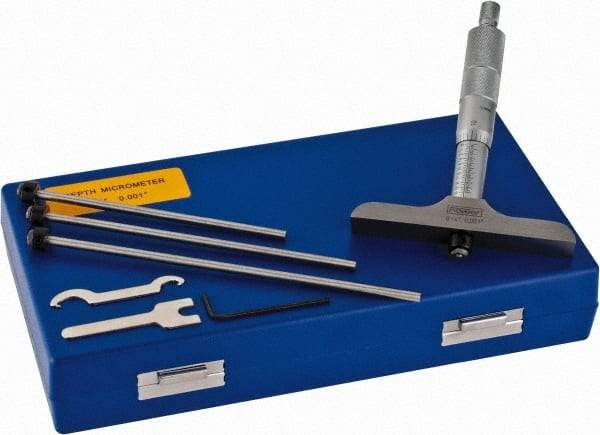 Fowler - 0 to 4" Range, 4 Rod, Satin Chrome Finish Mechanical Depth Micrometer - Ratchet Stop Thimble, 4" Base Length, 0.01mm Graduation, 0.176" Rod Diam - Exact Tool & Supply