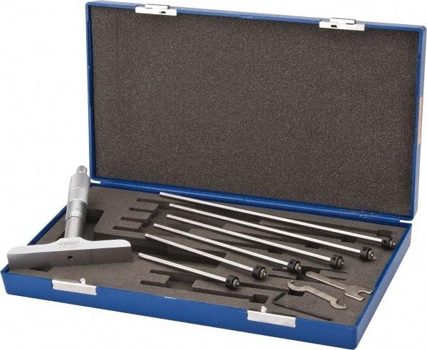 Fowler - 0 to 6" Range, 6 Rod, Satin Chrome Finish Mechanical Depth Micrometer - Ratchet Stop Thimble, 4" Base Length, 0.01mm Graduation, 0.176" Rod Diam - Exact Tool & Supply