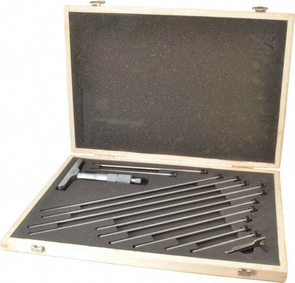 Fowler - 0 to 12" Range, 12 Rod, Satin Chrome Finish Mechanical Depth Micrometer - Ratchet Stop Thimble, 4" Base Length, 0.01mm Graduation, 0.176" Rod Diam - Exact Tool & Supply