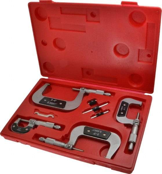 Value Collection - 0 to 4" Range, 4 Piece Mechanical Outside Micrometer Set - 0.0001" Graduation, 0.000160, 0.000200 Accuracy, Ratchet Stop Thimble, Carbide Tipped, Forged Steel (Frame) Face - Exact Tool & Supply