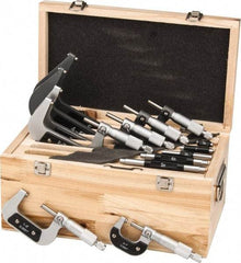 Value Collection - 0 to 6" Range, 6 Piece Mechanical Outside Micrometer Set - 0.0001" Graduation, 0.000160, 0.000200, 0.000240 Accuracy, Ratchet Stop Thimble, Carbide Tipped, Forged Steel (Frame) Face - Exact Tool & Supply