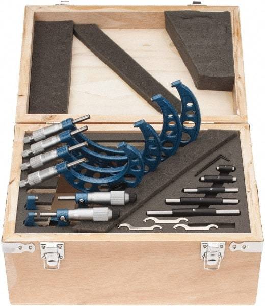 Fowler - 0 to 6 " Range, 6 Piece Mechanical Outside Micrometer Set - 0.0001" Graduation, Friction (0 to 2"), Ratchet Stop (2 to 6") Thimble, Carbide Tipped Face - Exact Tool & Supply