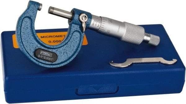 Fowler - Mechanical, 0 to 1 Inch Measurement, Baked Enamel Frame, Satin Chrome Graduations, Ball Anvil Micrometer - Accuracy up to 0.0001 Inch, 0.0001 Inch Graduation, Ratchet Stop Thimble - Exact Tool & Supply
