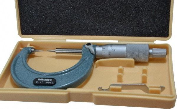 Mitutoyo - 1 Inch, 38mm Throat Depth, Ratchet Stop, Mechanical Point Micrometer - Accurate Up to 0.00015 Inch, 0.001 Inch Graduation, 0.5039 Inch Point Length, 15° Point Angle, 18mm Head Diameter, 6.35mm Spindle Diameter - Exact Tool & Supply