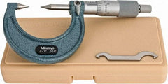 Mitutoyo - 1 Inch, 38mm Throat Depth, Ratchet Stop, Mechanical Point Micrometer - Accurate Up to 0.00015 Inch, 0.001 Inch Graduation, 0.5039 Inch Point Length, 30° Point Angle, 18mm Head Diameter, 6.35mm Spindle Diameter - Exact Tool & Supply