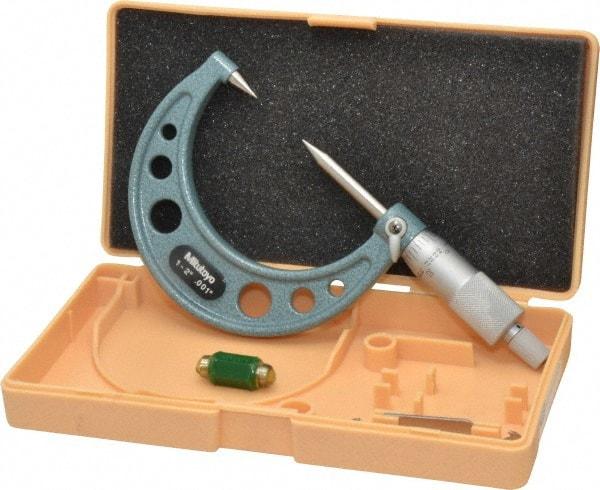 Mitutoyo - 1 to 2 Inch, 49mm Throat Depth, Ratchet Stop, Mechanical Point Micrometer - Accurate Up to 0.00015 Inch, 0.001 Inch Graduation, 0.5039 Inch Point Length, 30° Point Angle, 18mm Head Diameter, 6.35mm Spindle Diameter - Exact Tool & Supply