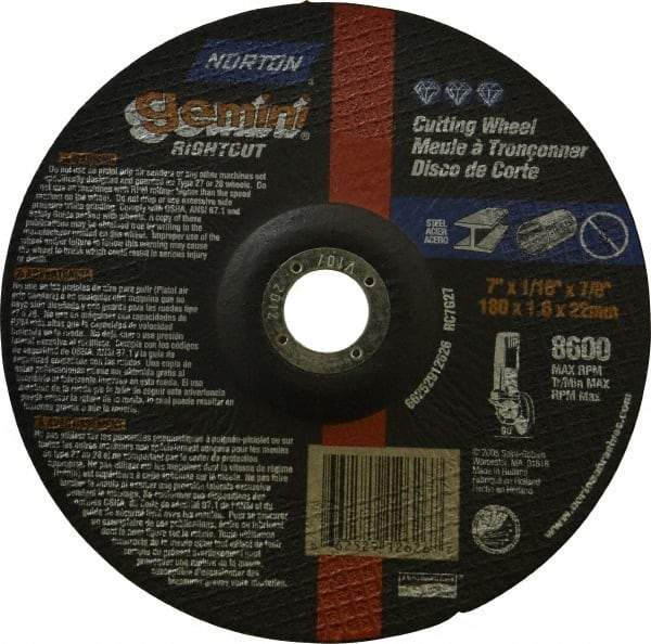 Norton - 7" Wheel Diam, 1/16" Wheel Thickness, 7/8" Arbor Hole, Type 27 Depressed Center Wheel - Aluminum Oxide, 8,600 Max RPM, Compatible with Angle Grinder - Exact Tool & Supply