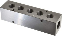 Made in USA - 1/2" Inlet, 3/8" Outlet Manifold - 5-3/4" Long x 1-1/2" Wide x 1-1/2" High, 0.2" Mount Hole, 2 Inlet Ports, 5 Outlet Ports - Exact Tool & Supply