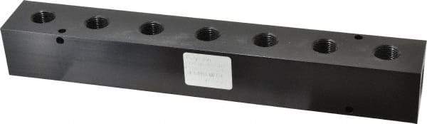 Made in USA - 1/2" Inlet, 3/8" Outlet Manifold - 10-3/4" Long x 1-1/2" Wide x 1-1/2" High, 0.2" Mount Hole, 2 Inlet Ports, 7 Outlet Ports - Exact Tool & Supply