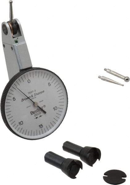 TESA Brown & Sharpe - 0.03 Inch Range, 0.0005 Inch Dial Graduation, Horizontal Dial Test Indicator - 1-1/2 Inch White Dial, 0-15-0 Dial Reading, Accurate to 0.0005 Inch - Exact Tool & Supply
