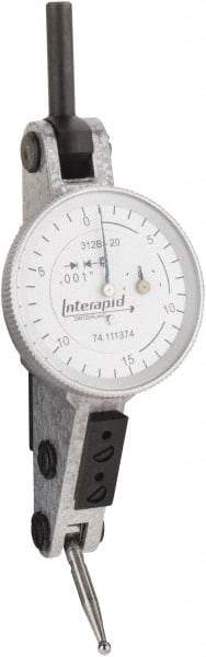 INTERAPID - 0.06 Inch Range, 0.001 Inch Dial Graduation, Horizontal Dial Test Indicator - 1.2 Inch White Dial, 0-15-0 Dial Reading - Exact Tool & Supply