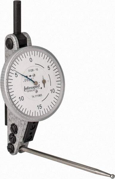 INTERAPID - 0.06 Inch Range, 0.0005 Inch Dial Graduation, Horizontal Dial Test Indicator - 1-1/2 Inch White Dial, 0-15-0 Dial Reading - Exact Tool & Supply