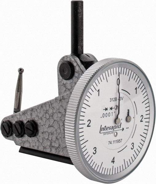 INTERAPID - 0.016 Inch Range, 0.0001 Inch Dial Graduation, Vertical Dial Test Indicator - 1-1/2 Inch White Dial, 0-4-0 Dial Reading - Exact Tool & Supply