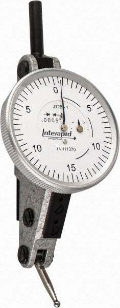 INTERAPID - 0.06 Inch Range, 0.0005 Inch Dial Graduation, Horizontal Dial Test Indicator - 1-1/2 Inch White Dial, 0-15-0 Dial Reading - Exact Tool & Supply