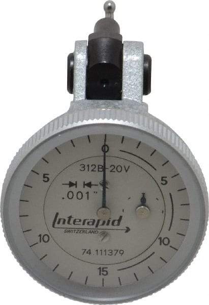 INTERAPID - 0.06 Inch Range, 0.001 Inch Dial Graduation, Vertical Dial Test Indicator - 1.2 Inch White Dial, 0-15-0 Dial Reading - Exact Tool & Supply