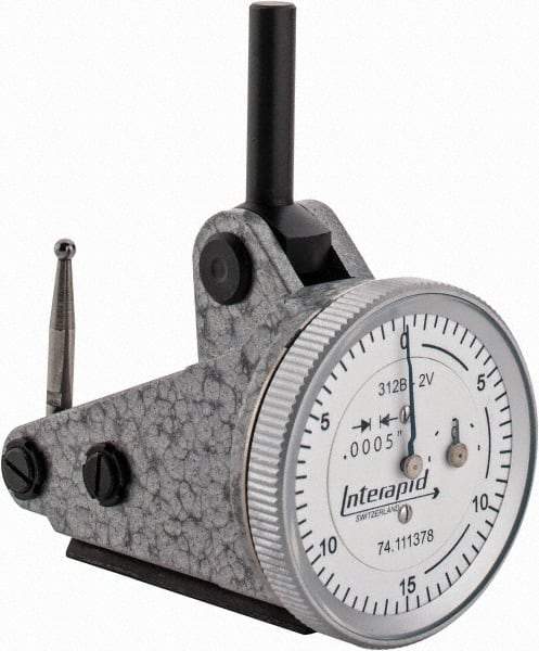 INTERAPID - 0.06 Inch Range, 0.0005 Inch Dial Graduation, Vertical Dial Test Indicator - 1.2 Inch White Dial, 0-15-0 Dial Reading - Exact Tool & Supply