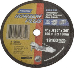 Norton - 4" Ceramic Cutoff Wheel - 0.035" Thick, 3/8" Arbor, 19,100 Max RPM, Use with Die Grinders - Exact Tool & Supply