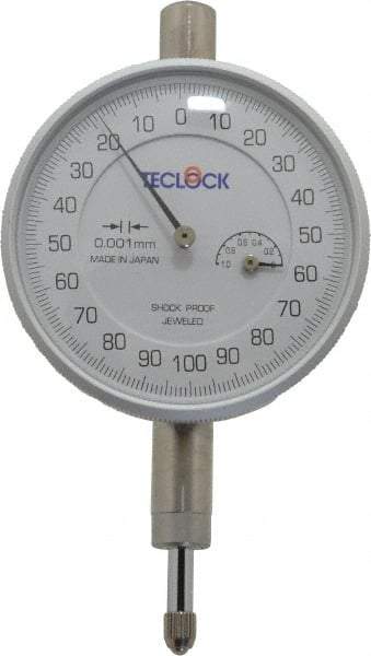 Teclock - 1mm Range, 0-100-0 Dial Reading, 0.001mm Graduation Dial Drop Indicator - 2-13/64" Dial, Revolution Counter - Exact Tool & Supply