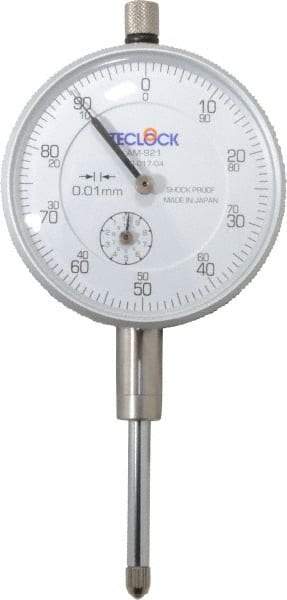 Teclock - 25mm Range, 0-100 Dial Reading, 0.01" Graduation Dial Drop Indicator - 2-11/64" Dial, 1" Range per Revolution, 0.03" Accuracy, Revolution Counter - Exact Tool & Supply