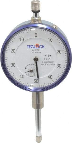 Teclock - 1" Range, 0-50-0 Dial Reading, 0.001" Graduation Dial Drop Indicator - 2-11/64" Dial, 0.1" Range per Revolution, 0.0014" Accuracy, Revolution Counter - Exact Tool & Supply