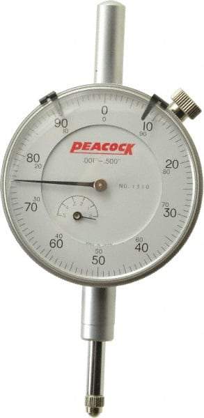 Peacock - 1/2" Range, 0-100 Dial Reading, 0.001" Graduation Dial Drop Indicator - 2-3/64" Dial, 0.001" Accuracy, Revolution Counter - Exact Tool & Supply