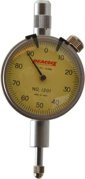 Peacock - 4mm Range, 0-100 Dial Reading, 0.01mm Graduation Dial Drop Indicator - 1-37/64" Dial - Exact Tool & Supply